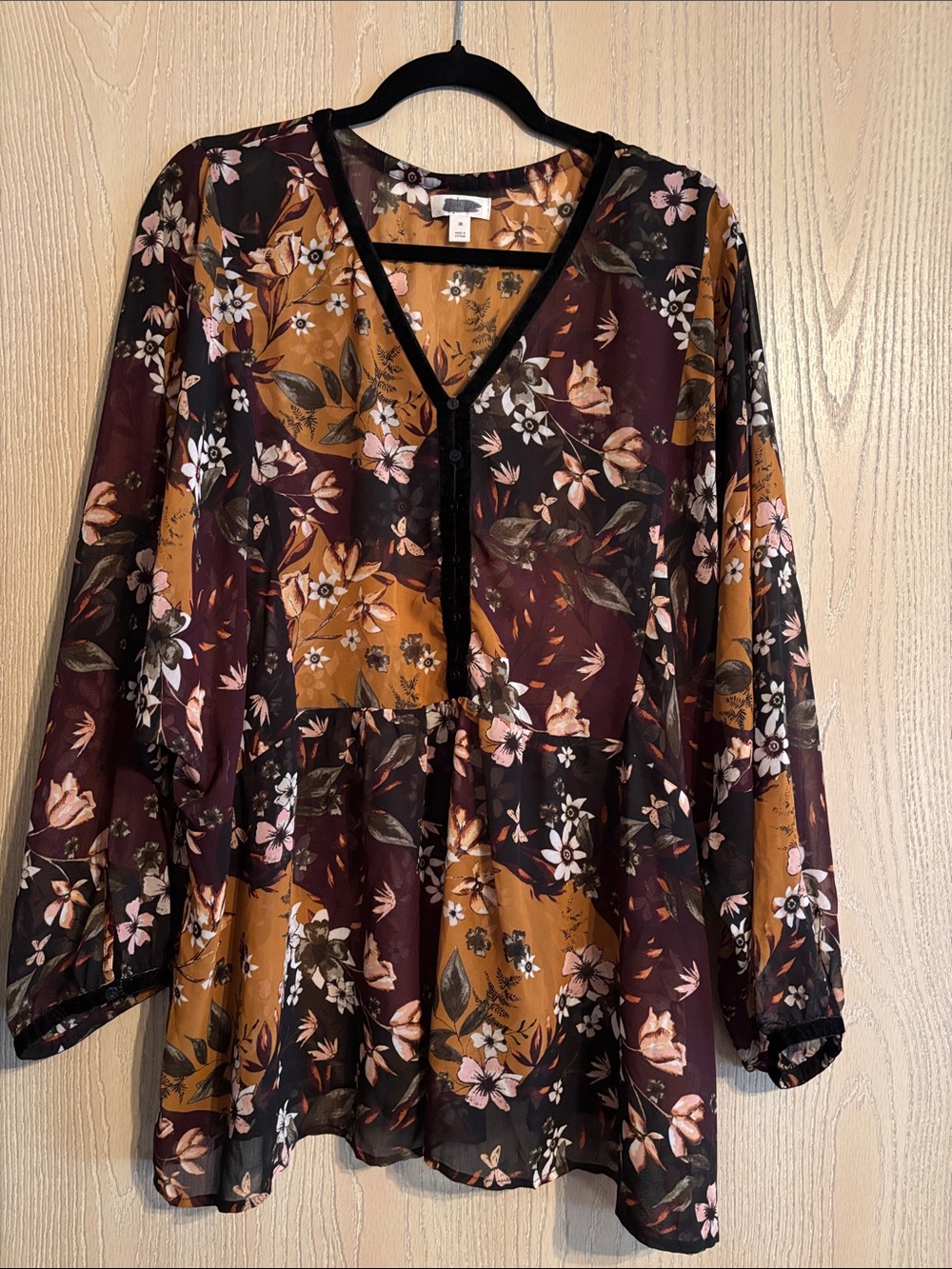 Brown Floral V-Neck Sheer Blouse with velvet hem detail